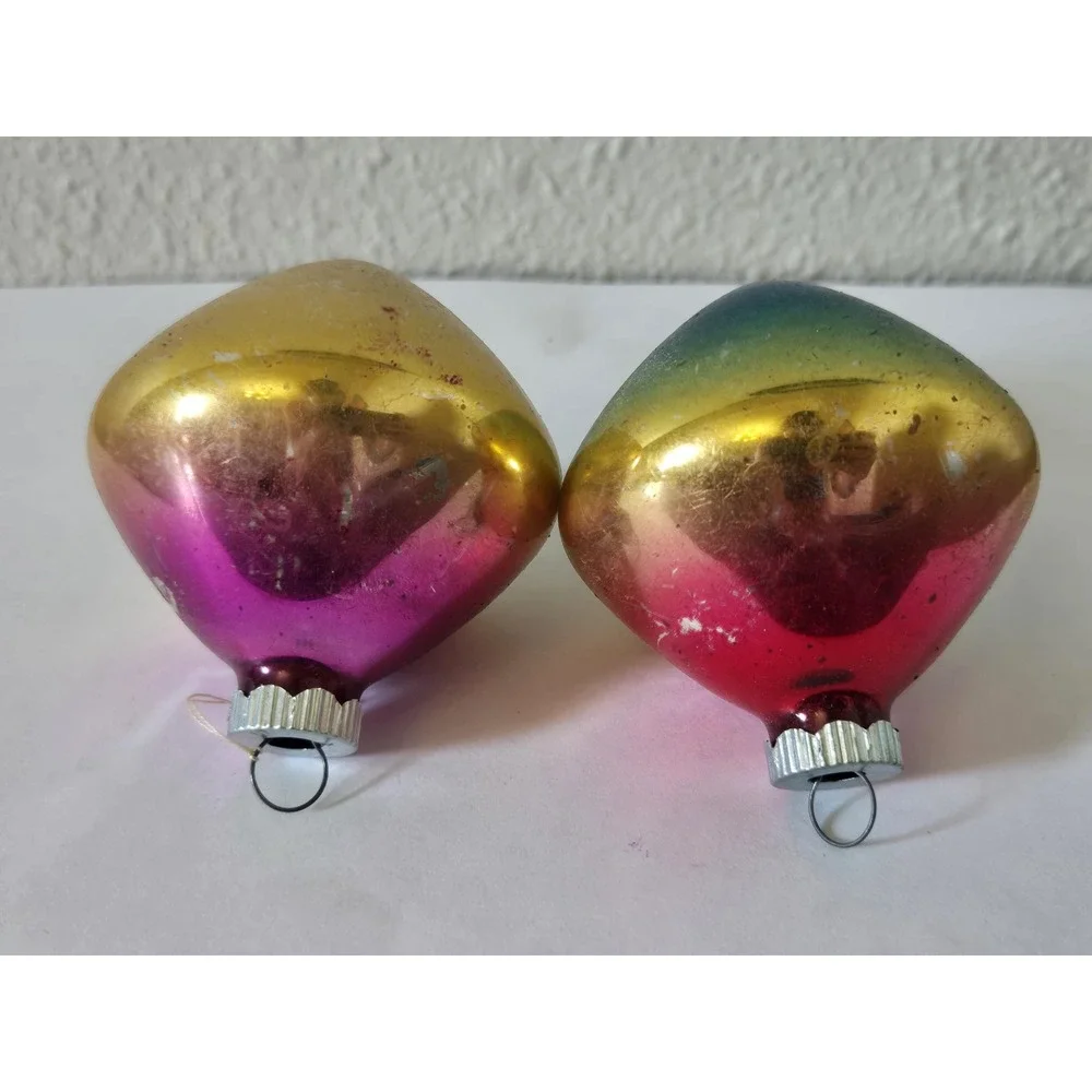 Lot Of 2 Vintage Shiny Brite Atomic Top UFO Ombre Christmas Ornaments Pink Gold